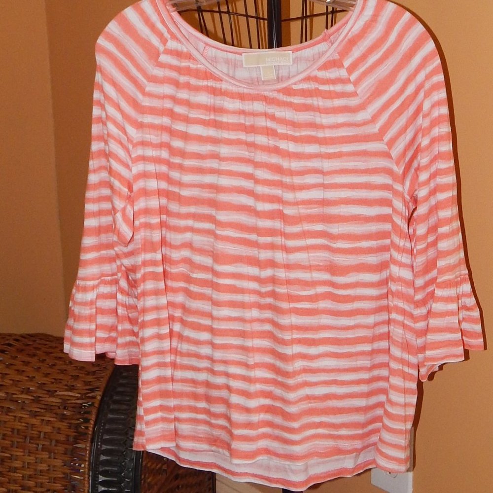 Ladies Michael Kors Blouse - Top - Shirt  Size L  Peach and White